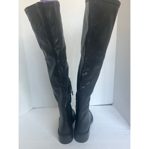NWT Zara Tall Over The Knee Black Vegan Leather Square Toe Pull On Boots Sz 9 - Picture 7 of 15
